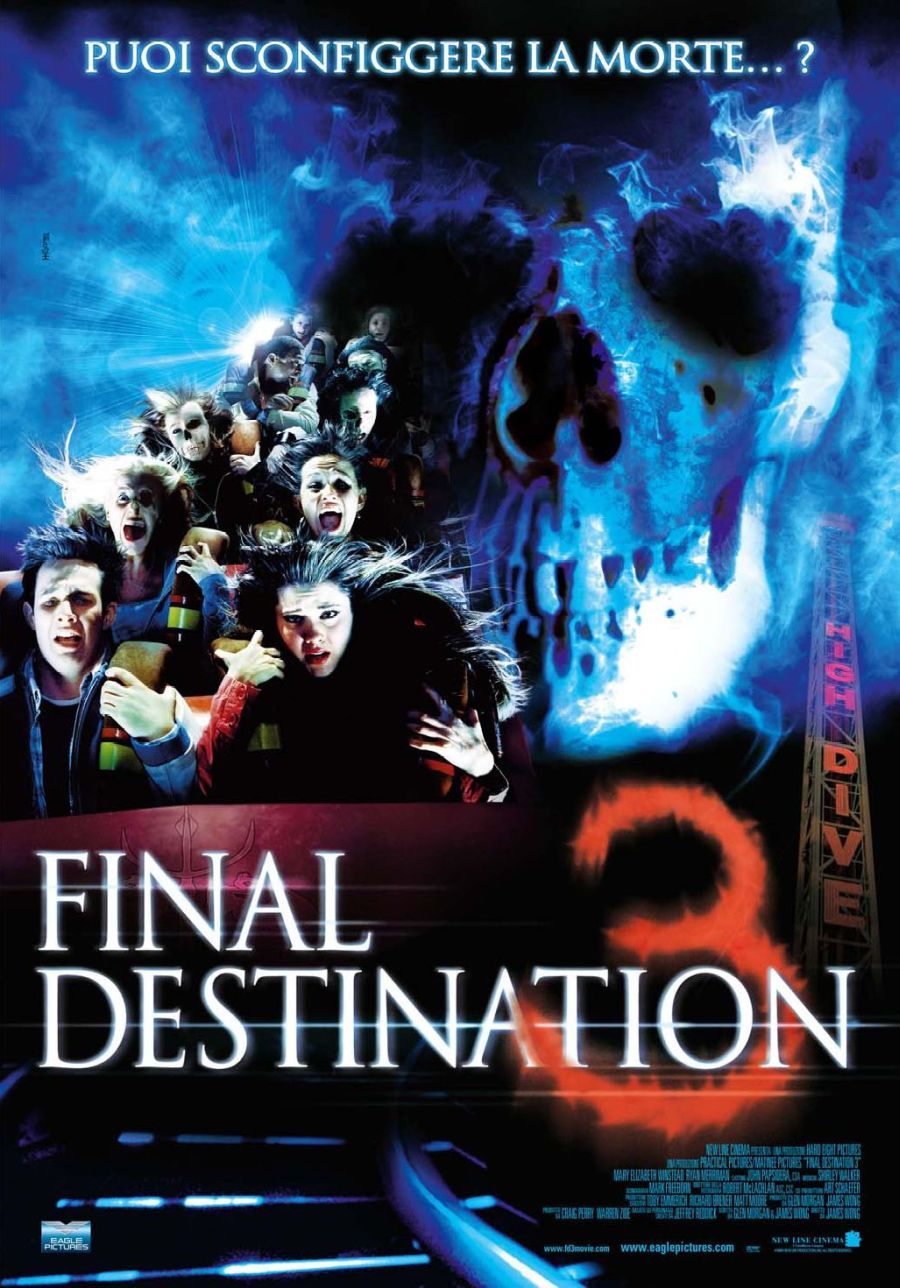 Italian Final Destination 3 poster with the roller coaster and blue skull.