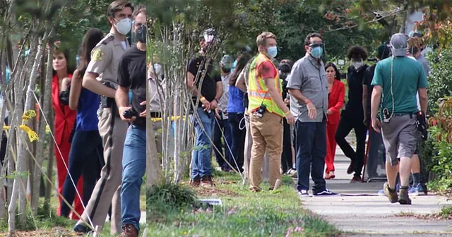 Courteney Cox with crew on location.