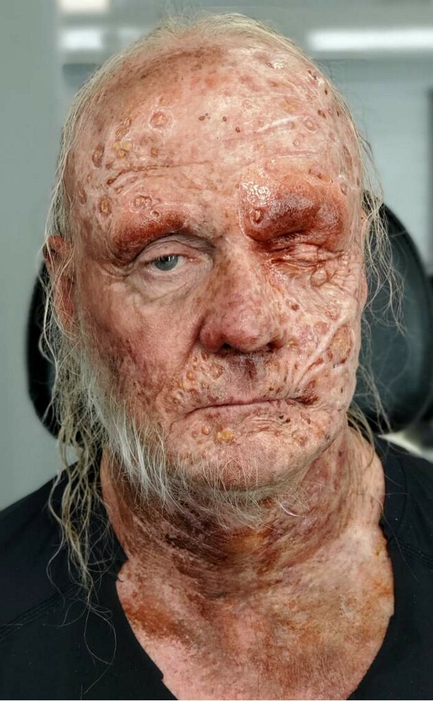 Front makeup-test photograph of James Jude Courtney’s unmasked Michael Myers look.