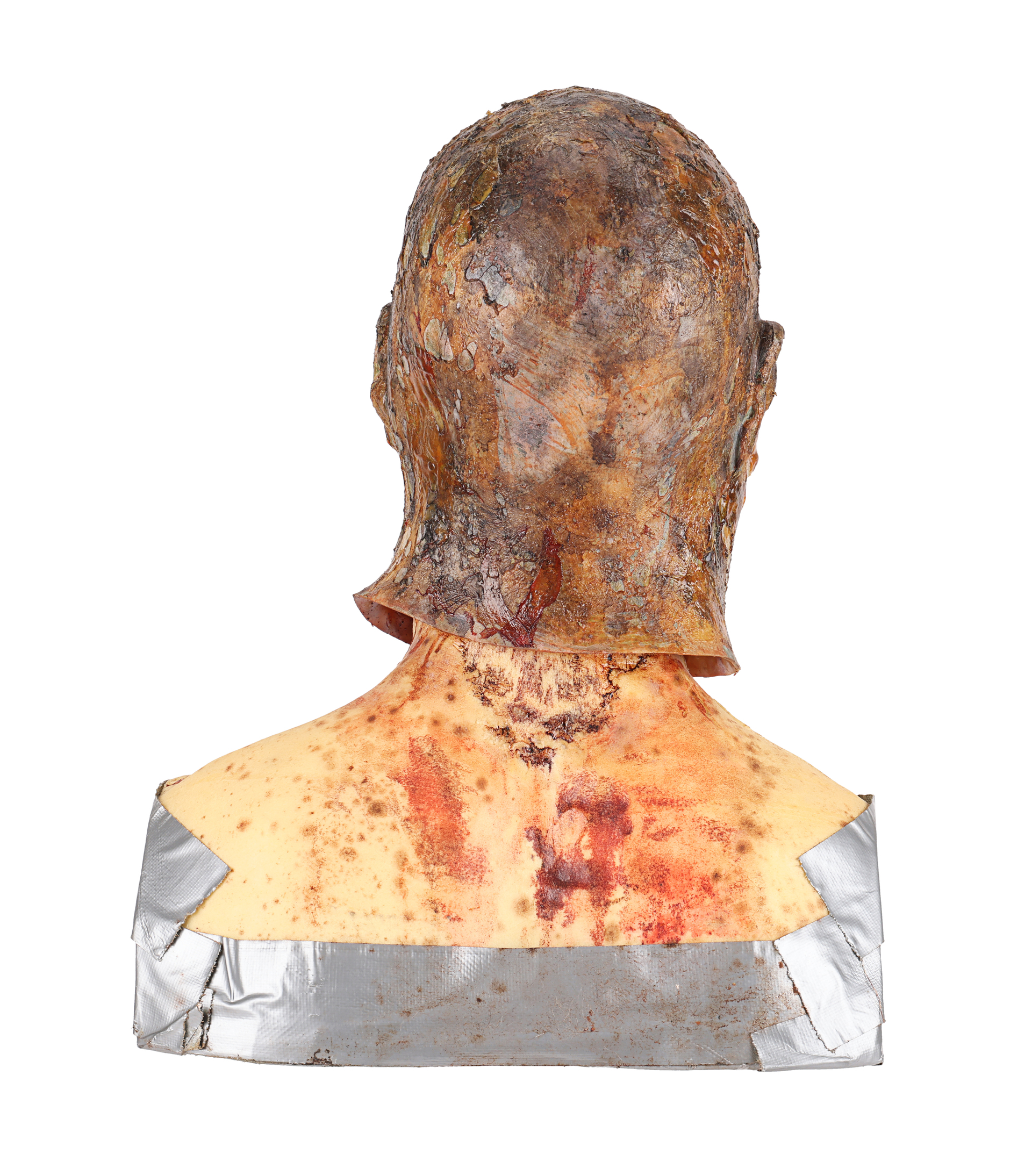 Burnt axe-attack mask created for an alternate ending, rear view. Later catalog photograph by Propstore.