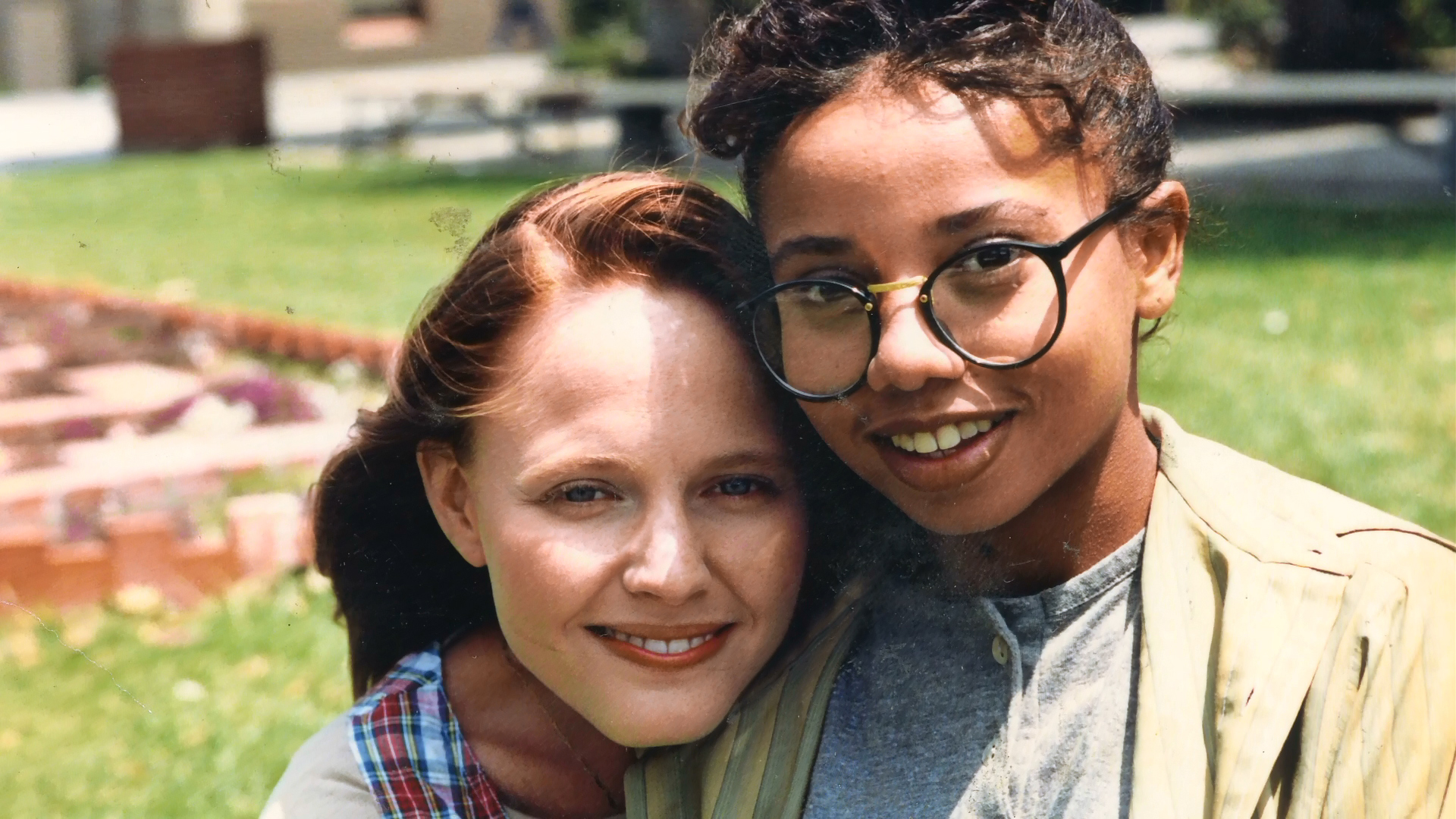 Lisa Wilcox with a colleague outdoors between setups.
