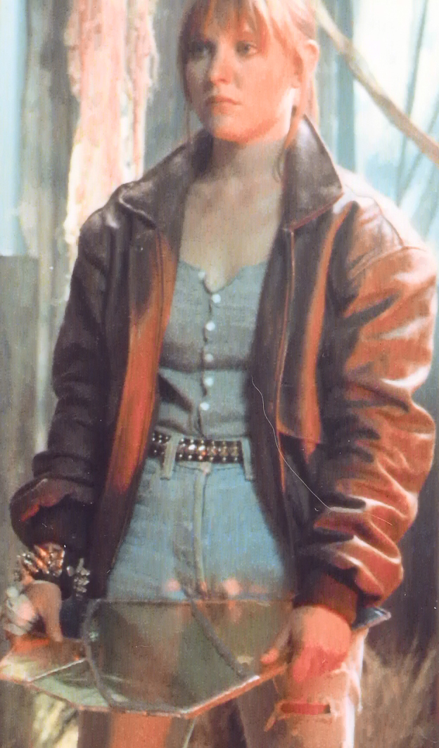 Alice in the boiler-room setting wearing Rick's jacket.