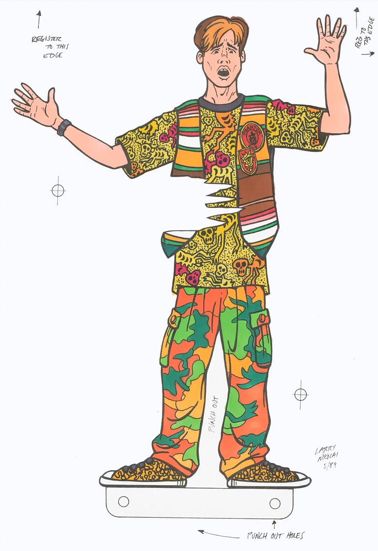 Original comic-world character design showing the printed costume and an expression reference.