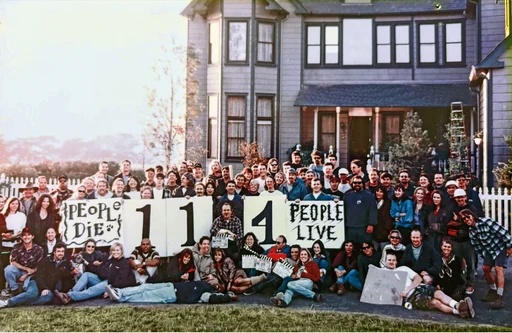The Scream finale crew photograph, with the Scene 114 signs outside Stu’s house.