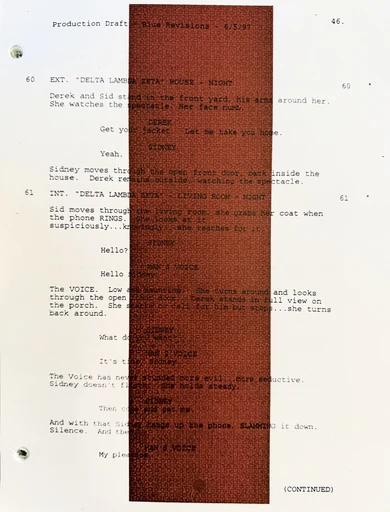 A Scream 2 script page with a red stripe used to discourage unauthorized copying.