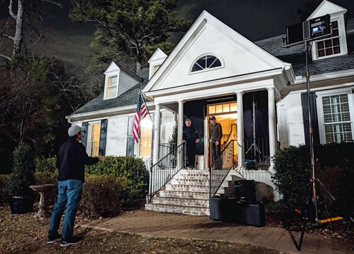 Kevin Williamson, first assistant director Rudy Persico and cinematographer Ramsey Nickell during a Scream 7 night exterior.