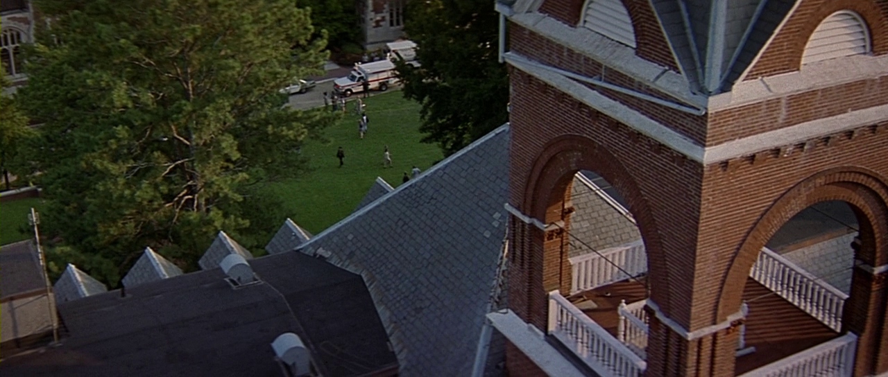 Campus clock tower. Film frame.