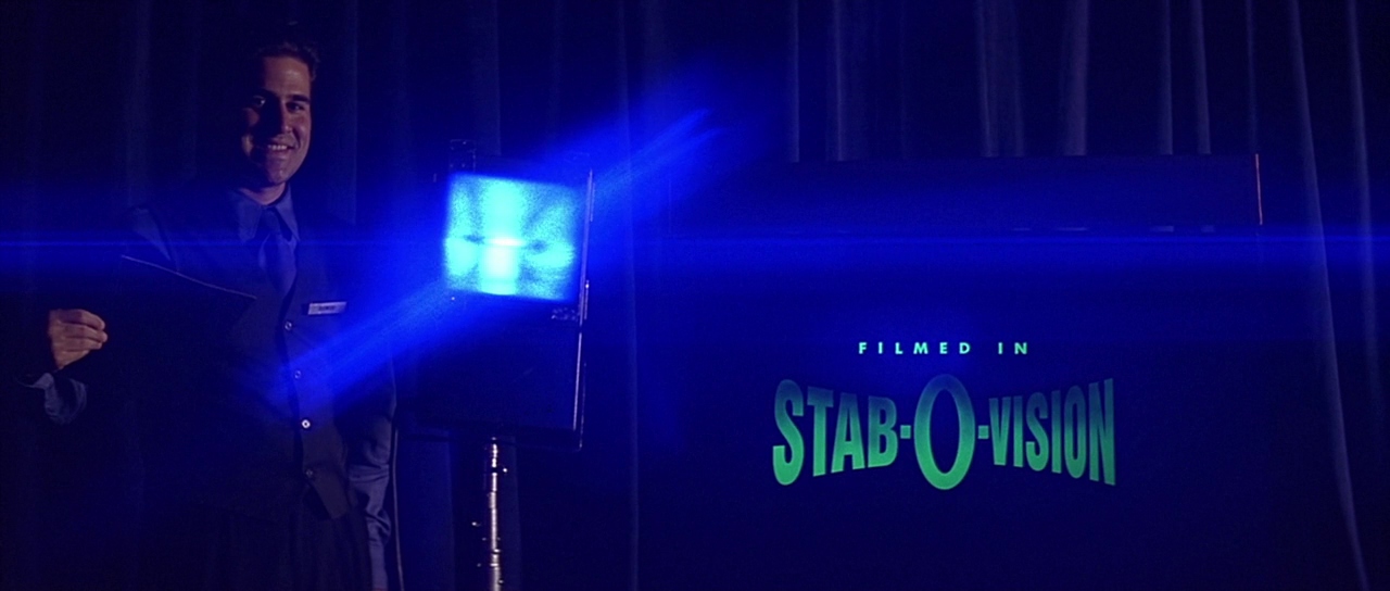 Stab-O-Vision projection booth gag. Film frame.