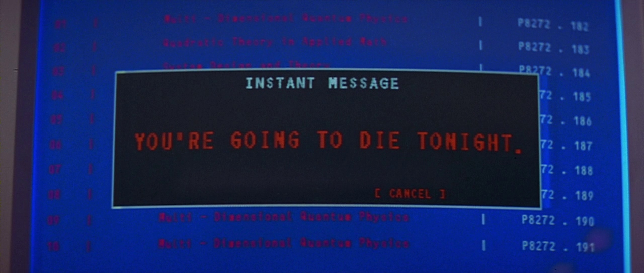 Threatening instant message on Sidney’s computer. Film frame.