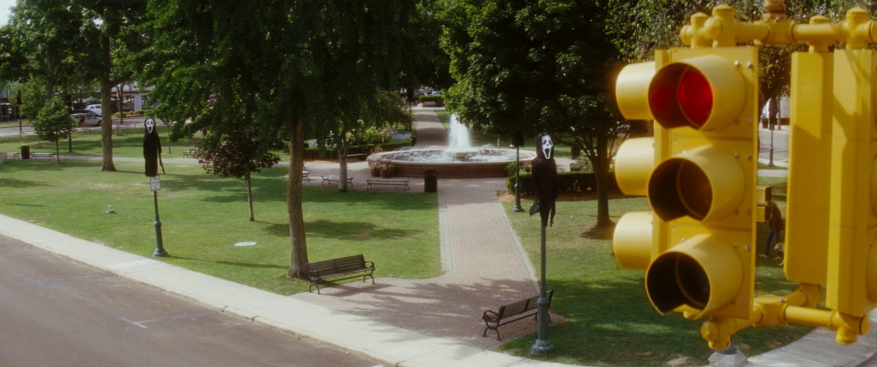 Woodsboro town square. Film frame.